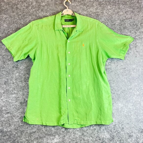 Polo Ralph Lauren Lime Green Mens Size XL Linen Short Sleeve Button Up Shirt - Picture 1 of 8